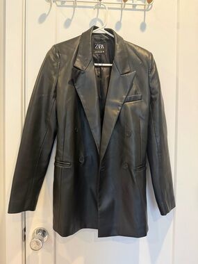 Zara Black Faux Leather Double-Breasted Blazer Jacket